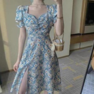 Đầm tay ngắn cổ vuông họa tiết hoa cúc thời trang