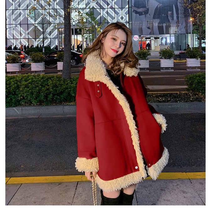 ÁO KHOÁC LEN LÔNG CỪU MÀU ĐỎ CHO NỮ VÀO MÙA THU ĐÔNG GIÁNG SINH VÀ NĂM MỚI