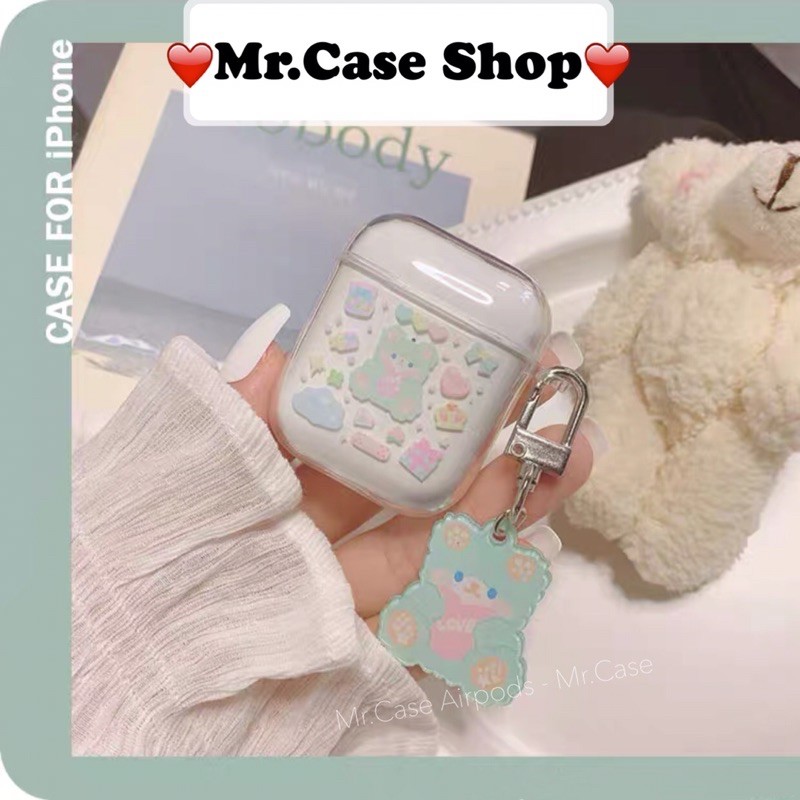 Case Airpods 1/2 /Pro Vỏ Ốp Tai Nghe Dẻo trong Hình thỏ Xanh Kèm Móc Xinh - Mr.Case AirPods