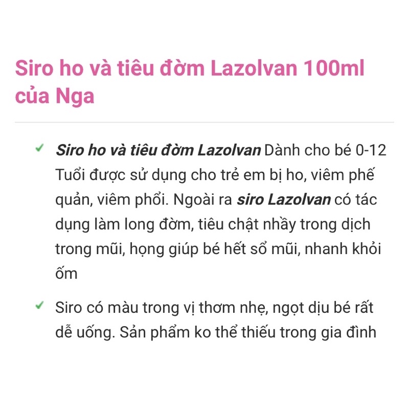 Siro ho Lazolvan 100ml long đờm , tiêu nhầy cực nhạy - Hàng Nga