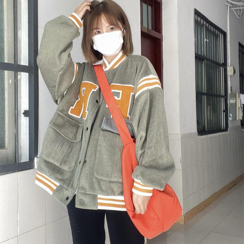 ►✗Áo Khoác Len Bóng Chày Dáng Rộng Kiểu Đường Phố Retro Đường Phố Thời Trang Thu Đông Cho Nữ Dễ Phối Đồ