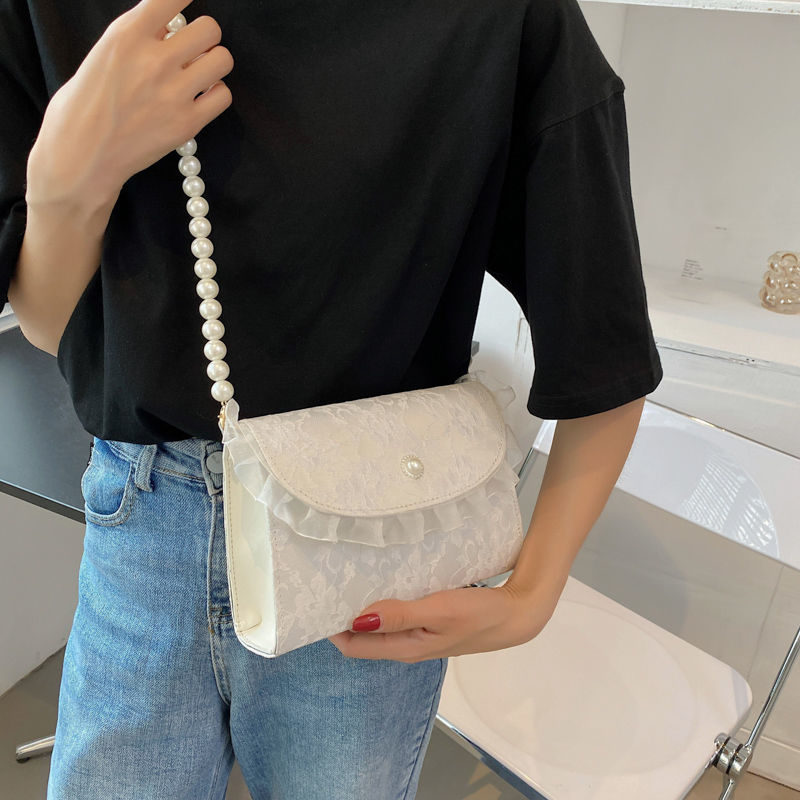 Lace Mesh Handbag Special-Interest Design High Sense Fairy Gentle Style Elegance Retro Pearl Chain Crossbody Bag
