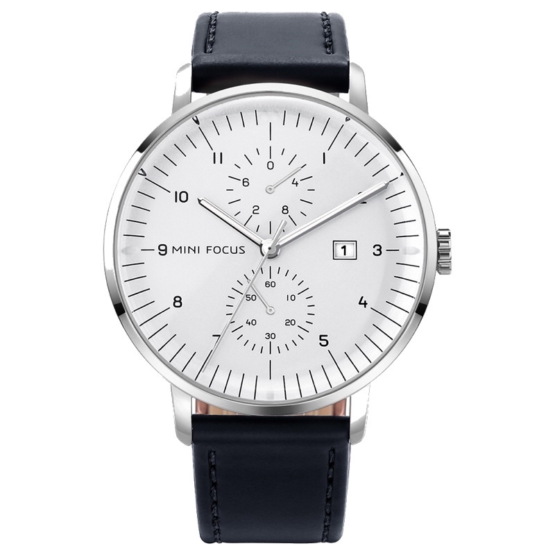 Đồng hồ nam MINI FOCUS MF0052G.01 dây da thật màu đen viền thép không gỉ màu bạc 3 kim hàng chính hãng cao cấp Nhật Bản