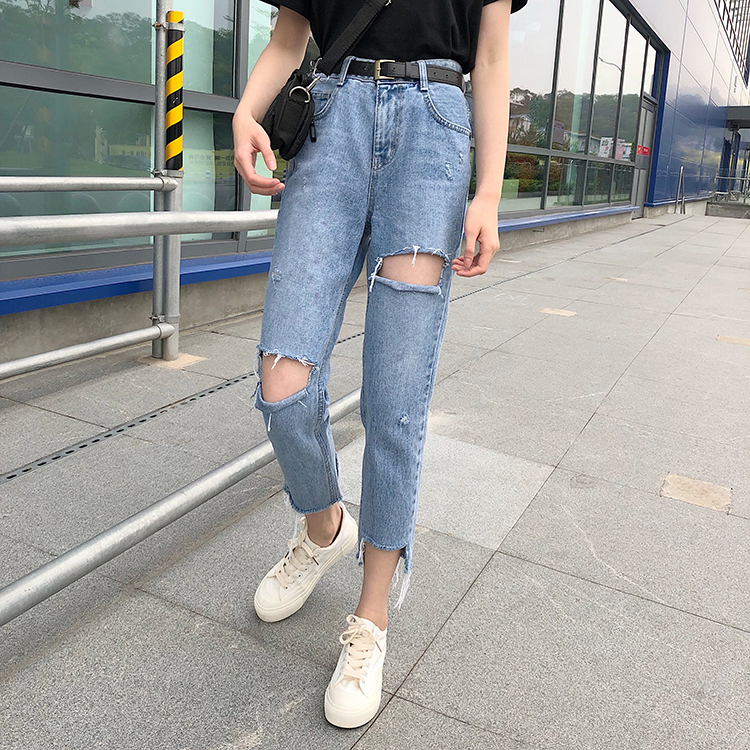 Quần jean lửng màu xanh lam lưng cao năng động dễ phối đồ 30613