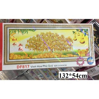 Tranh đính đá phong cảnh cây tiền tài lộc khổ lớn 132*54cm