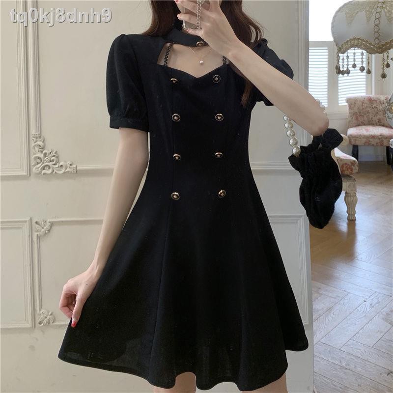 ┋✾✠Năm 2021 Mùa hè mới kiểu Pháp cổ điển Cung điện Lược đồ áo rỗng Hepburn Tay ngắn Váy nhỏ màu đen