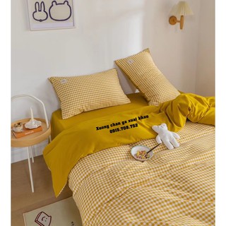 Set chăn ga gối cotton tici kẻ caro nhỏ màu vàng (có kèm ảnh thật)