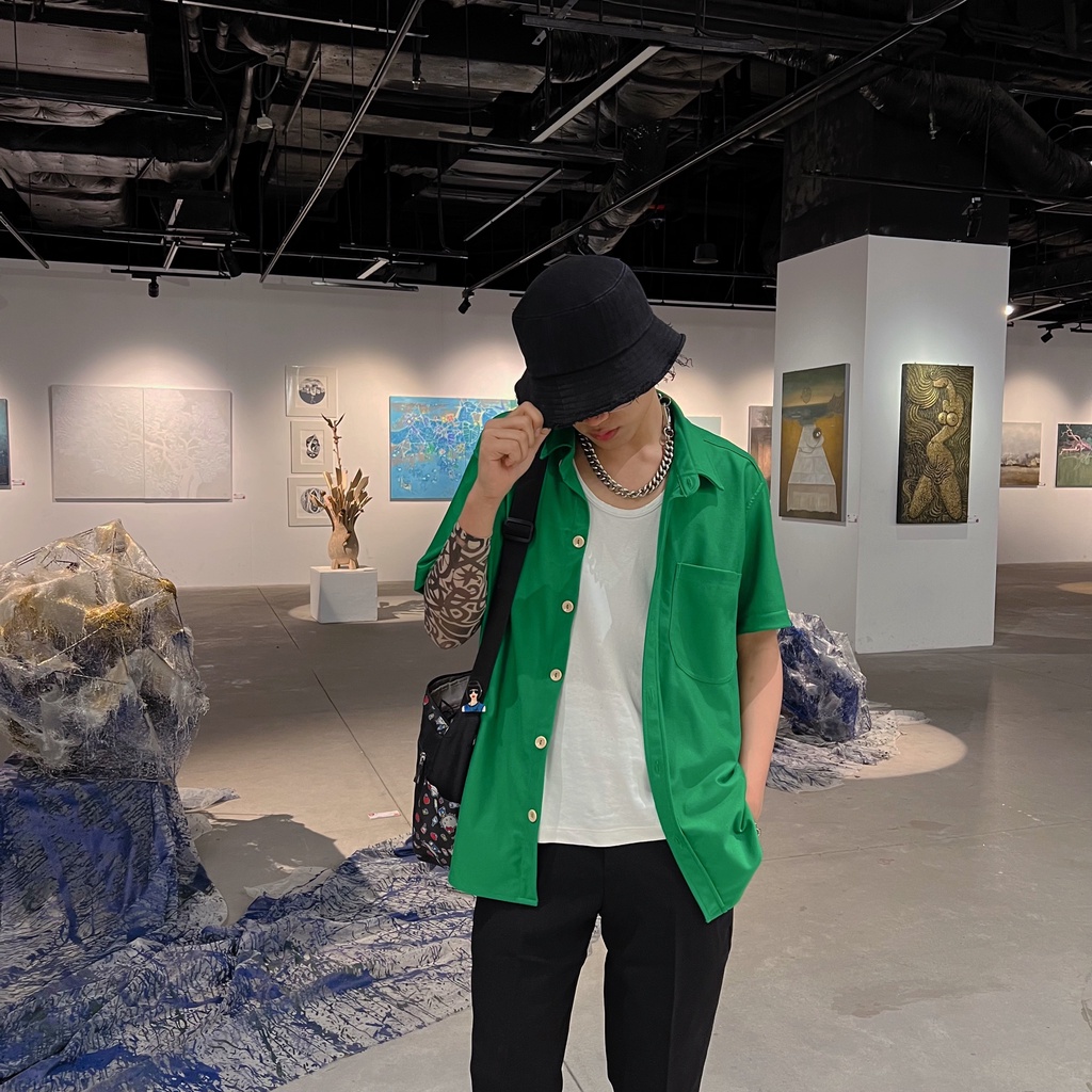 Áo Sơmi Xanh lá Cộc tay Nam nữ Hàng thiết kế Siêu hot