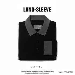 Áo Polo Dài Tay Phối Bo Màu Đen Trơn Basic Vải Cotton Mềm Mịn - CEFFYLO