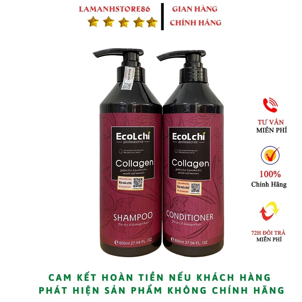 Cặp gội xả siêu mềm mượt Ecolchi Collagen 800mlx2