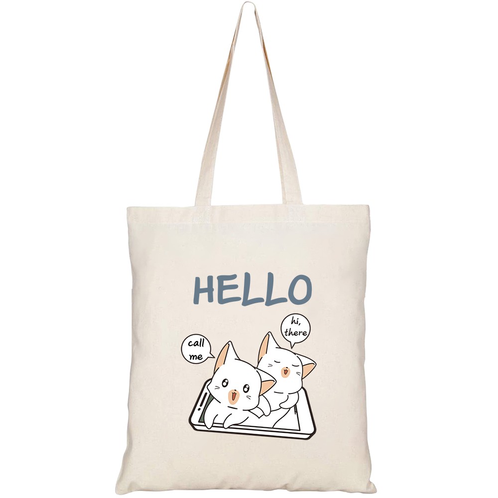 Túi vải tote canvas HTFashion in hình kawaii cats with technology smart phone HT158