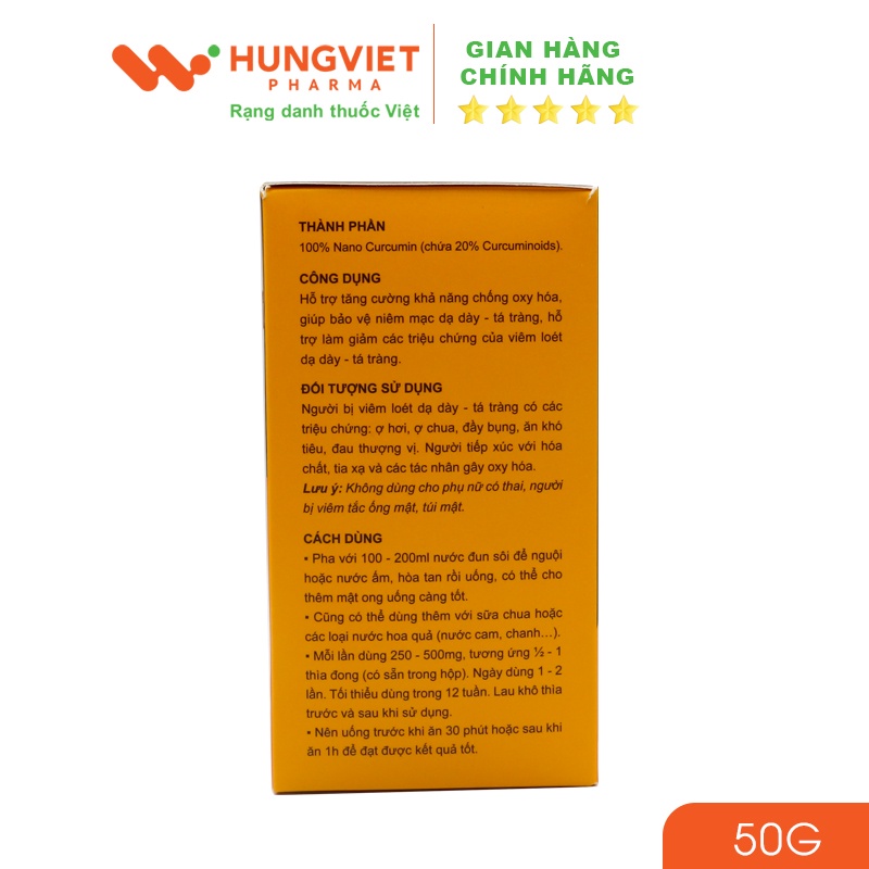 Tinh chất Nghệ Nacubest Nano Curcumin - Bảo vệ niêm mạc dạ dày, tá tràng, chống oxy hoá HungViet Pharma lọ 50g