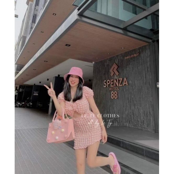 Đầm Xốp Ô Cổ Vuông Tay Phồng Nơ Ngực Khoét Hở Bụng - Dáng Ngắn Form Ôm Body Sexy - Tiểu Thư Bánh Bèo Cute Sang Chảnh