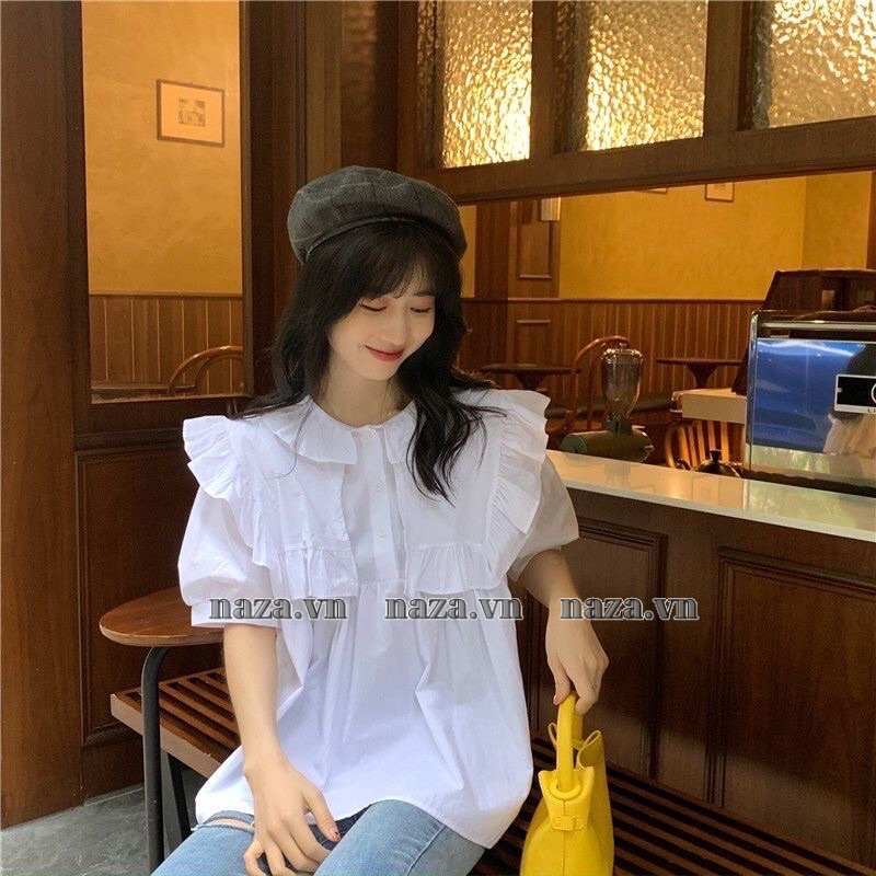 Áo Baby Doll Tiểu Thư Sang Chảnh Ngắn Tay , Thiết Kế Cổ bèo 2 Lớp Form áo rộng dễ phối đồ  chất đũi hàn .