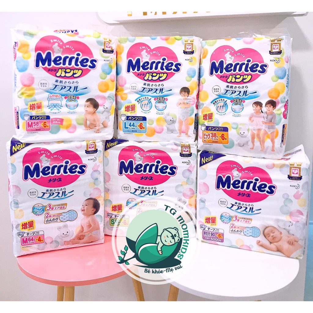 Bỉm Merries Dán/Quần Nội Địa Nhật Cộng Miếng (Date Mới) NB90/S82/M64/L54/M58