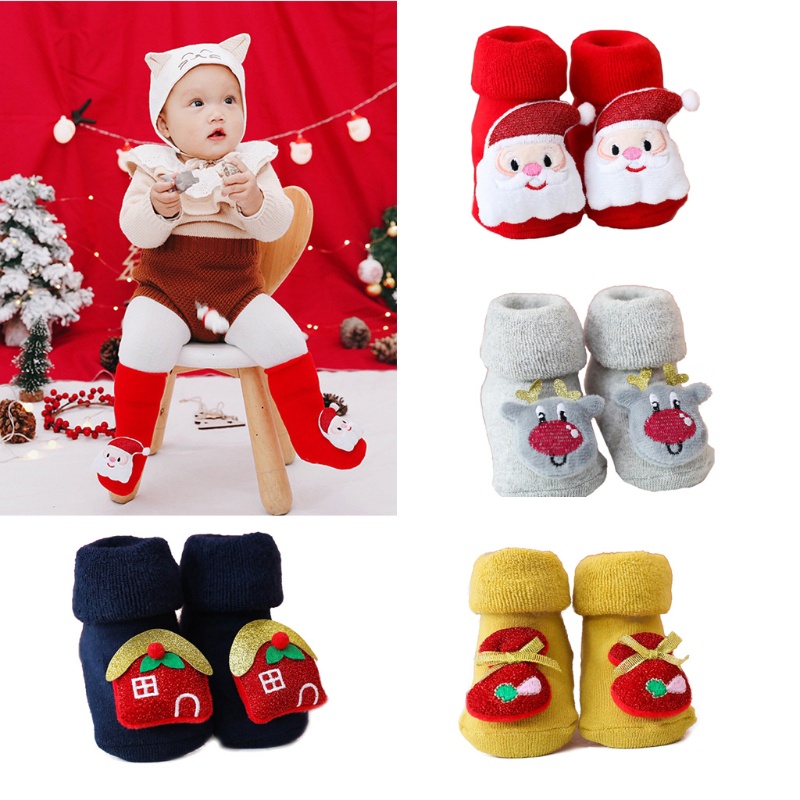 Vớ Dày Chống Trượt Giữ Ấm Họa Tiết Giáng Sinh Hoạt Hình Cho Bé Sơ Sinh