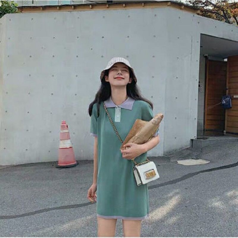 Summer new color contrast short sleeve careful machine polo collar straight tube student dress loose casual knitted short skirt women
