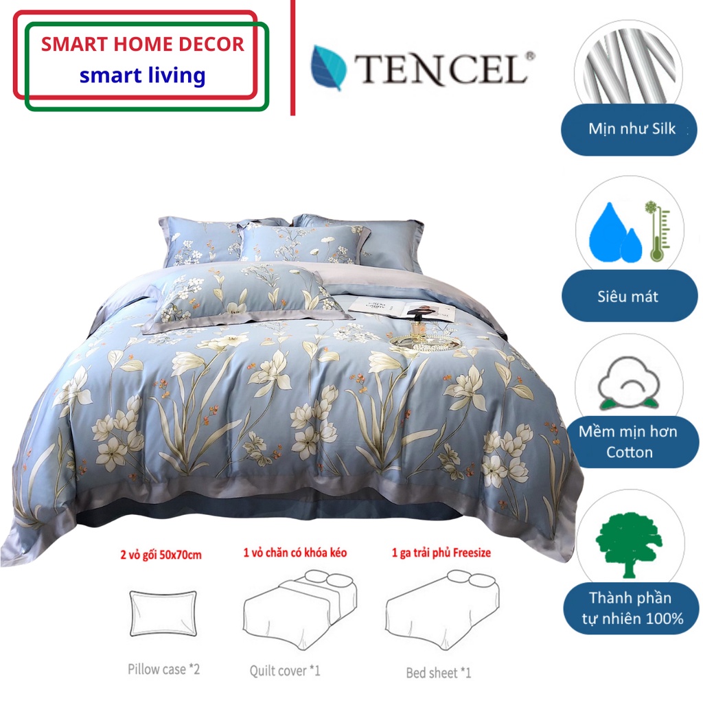 Bộ chăn ga gối cao cấp 100%Tencel 100s Họa tiết hoa Huệ trắng, Chất liệu siêu mềm mát mịn