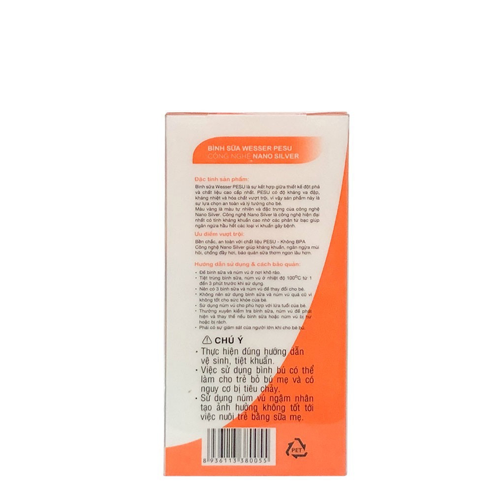 Bình Wesser cổ hẹp Nano Silver PPSU