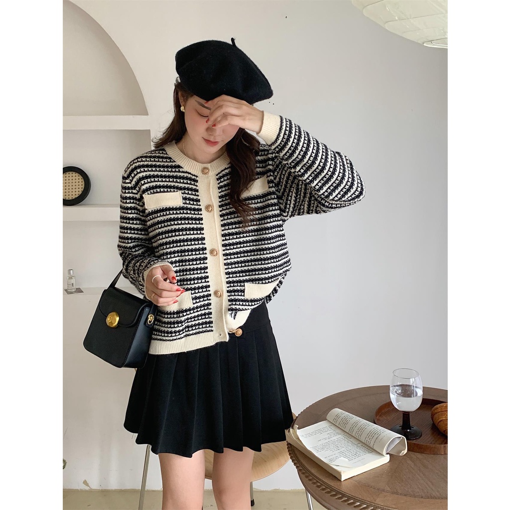 Áo cardigan ZHELIHANGFEI dệt kim tay dài eo cao phong cách Pháp
