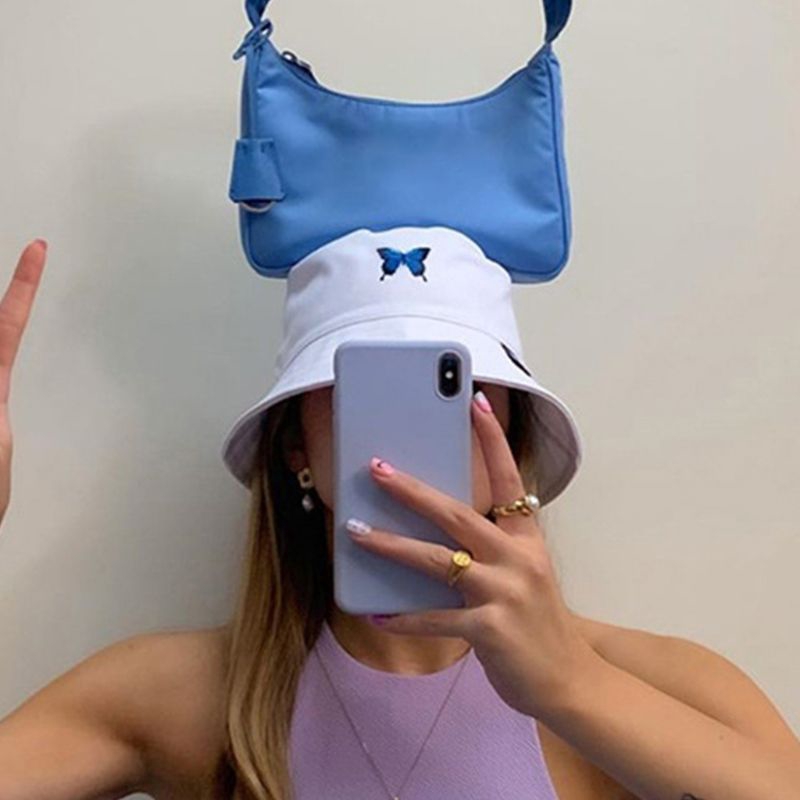 Mũ Bucket Unisex Thêu Hình Bướm Phong Cách Harajuku