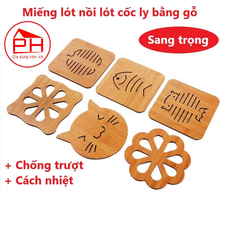 SET 02 Miếng lót nồi lót cốc ly bằng gỗ sang trọng chống trượt cách nhiệt (15x15cm Hình ngẫu nhiên) - Gia dụng Phước Hòa