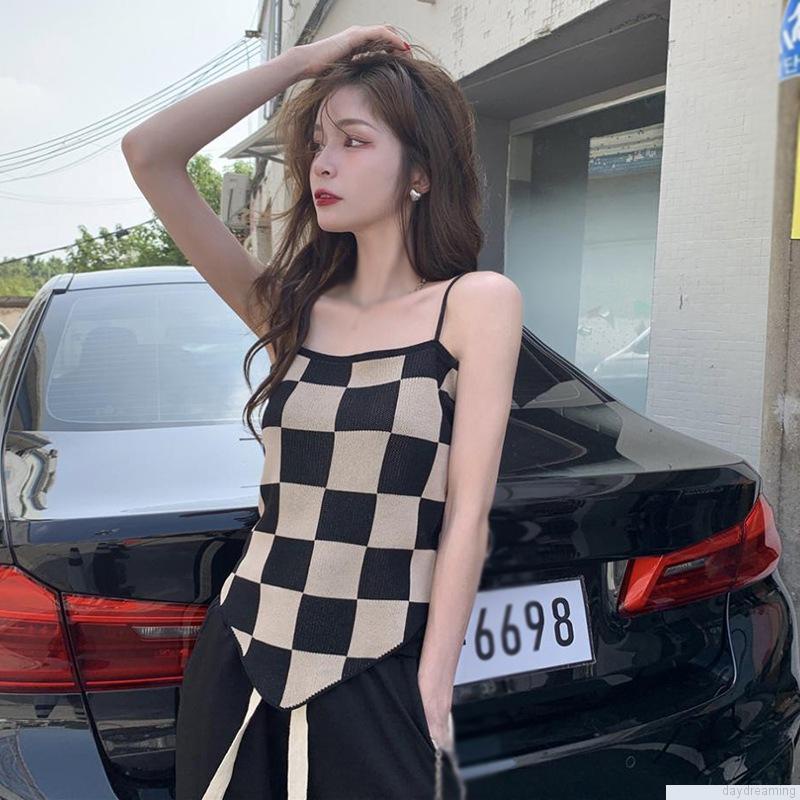 Áo dệt kim hai dây họa tiết sọc caro trọng lượng nhẹ thời trang cho nữ