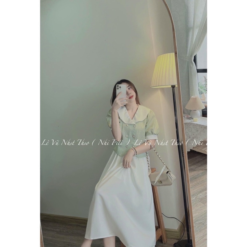 SÉT ÁO VÁY KẺ Ô CỔ SEN ÁO CHẤT ĐŨI NHĂN KẺ Ô XANH NGỌC HÀNG L1