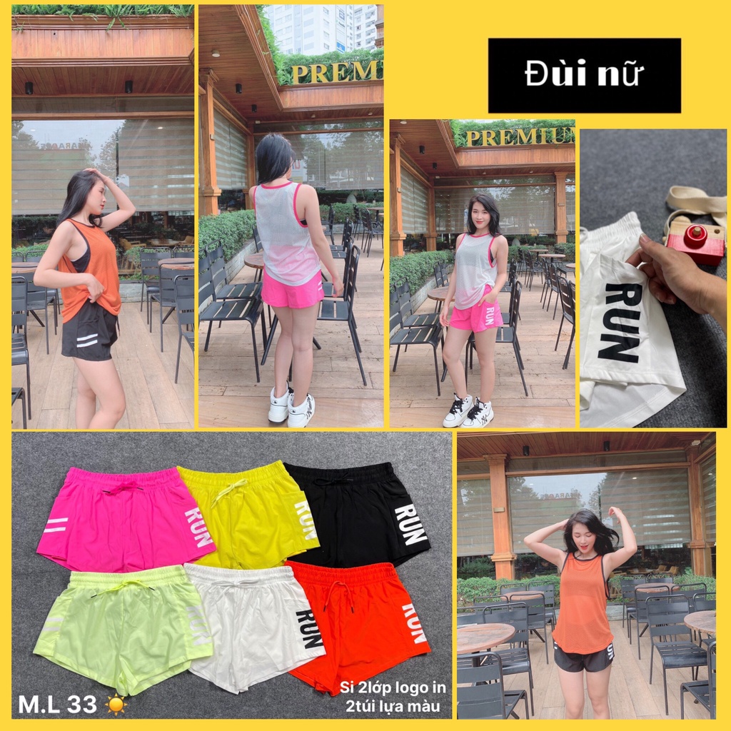 Quần đùi tập gym yoga thể thao nữ, quần đùi 2 lớp bản lưng cao in chữ run có túi Bin Sports Q147