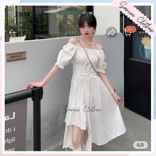 Váy nữ dáng xòe chữ a đan dây lệch tầng xẻ tà tay bồng sexy cá tính chất đũi mềm 2 mầu đầm đen trắng Saniee Clother