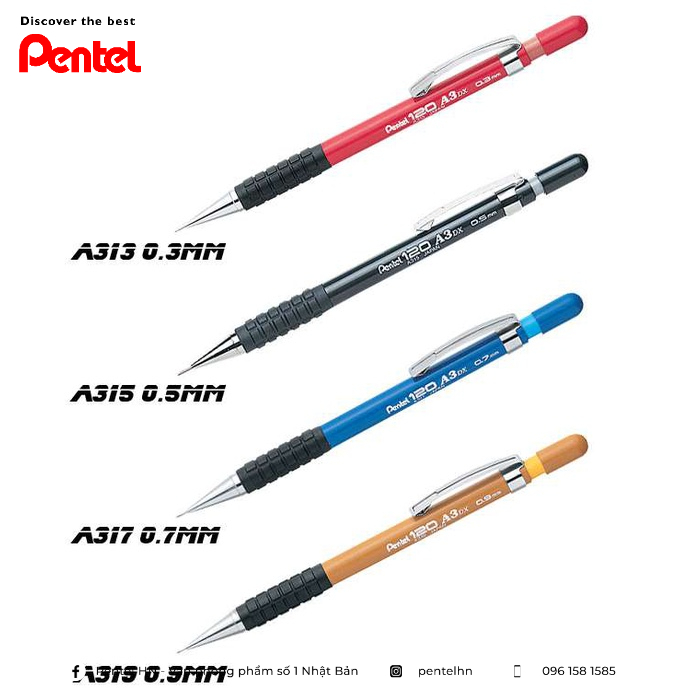 Bút Chì Kim Kỹ Thuật Pentel 120 A3 | Ngòi Bút Bằng Thép Chắc Chắn | Hạn Chế Gãy Ngòi | Mechanical Pencil | 4 Cỡ Ngòi