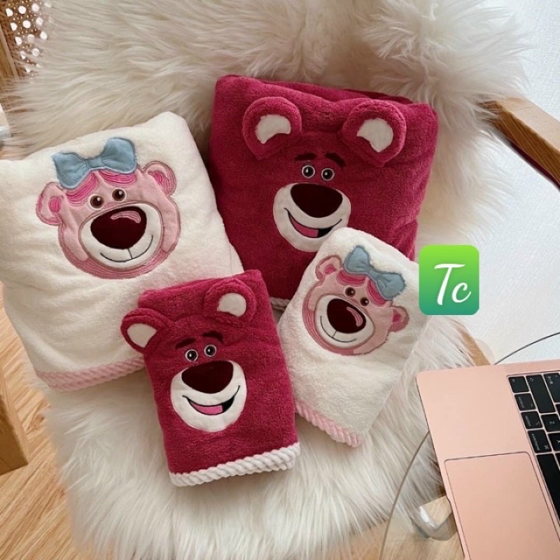 Sét khăn mặt và khăn tắm gấu dâu tây to rộng chất cotton mềm thấm nước