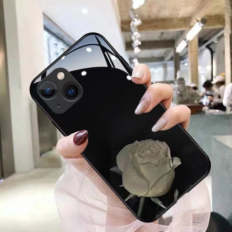 Ốp Điện Thoại Mặt Kính In Hình Hoa Hồng Trắng Cho iPhone 13 iPhone12ProMax / 11 XR / XS 7 / 8P