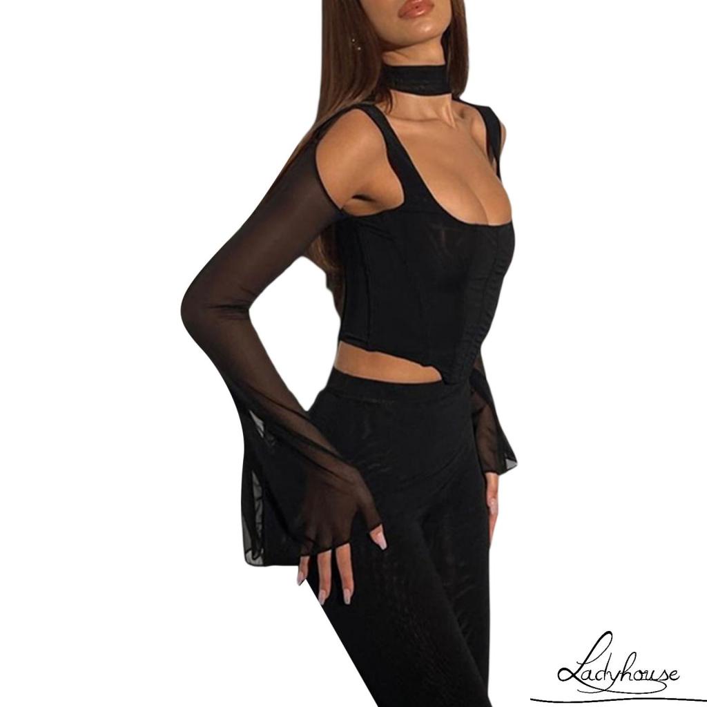 Áo Thun Tay Dài Dáng Ngắn Khoét Lỗ Hở Rốn Màu Trơn Cho Nữ