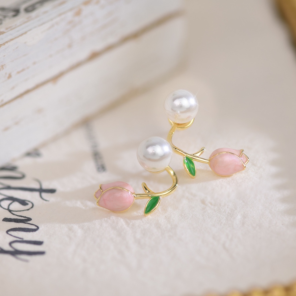 Bông Tai Hình Hoa Tulip Đính Ngọc Trai Thời Trang Cho Nữ
