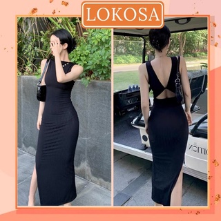 Đầm Body Hở Lưng LOKOSA Váy Body Maxi Len Tăm Dệt Kim Dáng Ôm Dài Thiết Kế Xẻ Tà Xoắn Nơ Mặc Hai Kiểu Đi Biển VD068