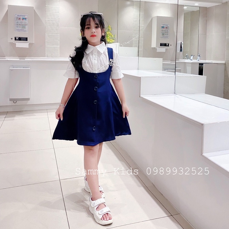 Set Yếm xoè Áo Sơmi kèm Tag Đá cao cấp cho bé gái size đại 16-41kg