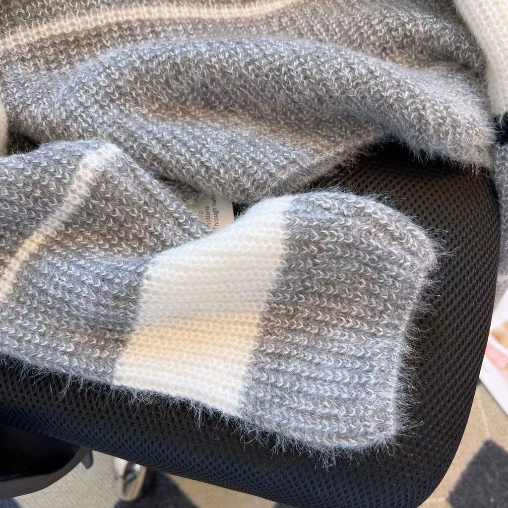 Áo Len Ngắn Dáng Rộng Họa Tiết Kẻ Sọc Màu Sắc Tương Phản Thời Trang Thu Đông Phong Cách Hàn Quốc Cho Nữ