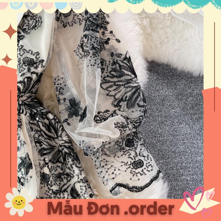 (Mẫu Đơn.order)Đầm cổ ápođứng, tay dáng lồng đèn, váy dáng xoay gạc thêu cao cấp sang trọng