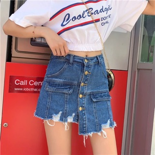 (Order) có bigsize Quần giả váy jeans gấu tua rua lệch phối cúc dọc 2019
