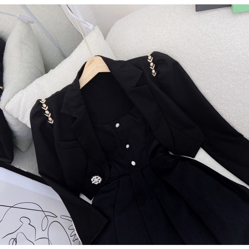 SET ĐẦM MIDI 2S ĐEN KÈM KHOÁC CROP VEST ĐÍNH HẠt