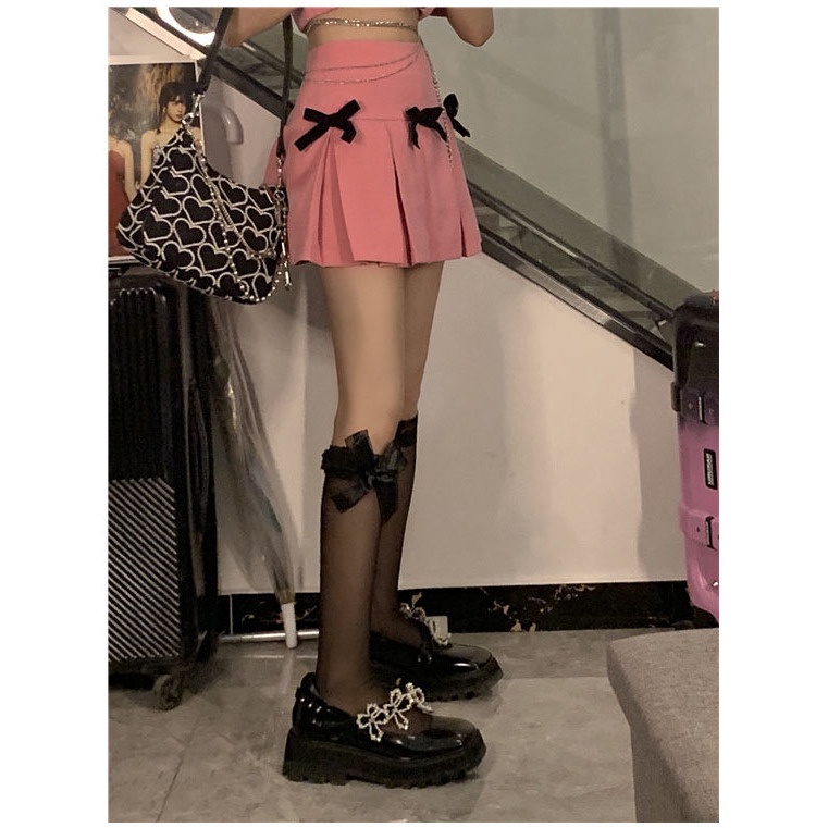 Jiashucheng Bộ Áo Sơ Mi Đính Nơ Phối Chân Váy Xếp Ly Lưng Cao Dễ Thương Cho Nữ