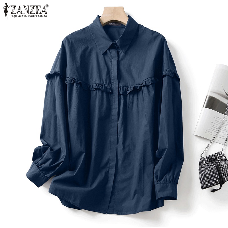 Zanzea Áo Sơ Mi Dài Tay Phối Bèo Thiết Kế Đơn Giản Thời Trang Cho Nữ