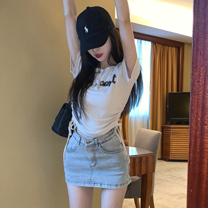 AMOI Áo Thun Tay Ngắn Phối Dây Rút Họa Tiết Sọc Caro Thời Trang Cho Nữ