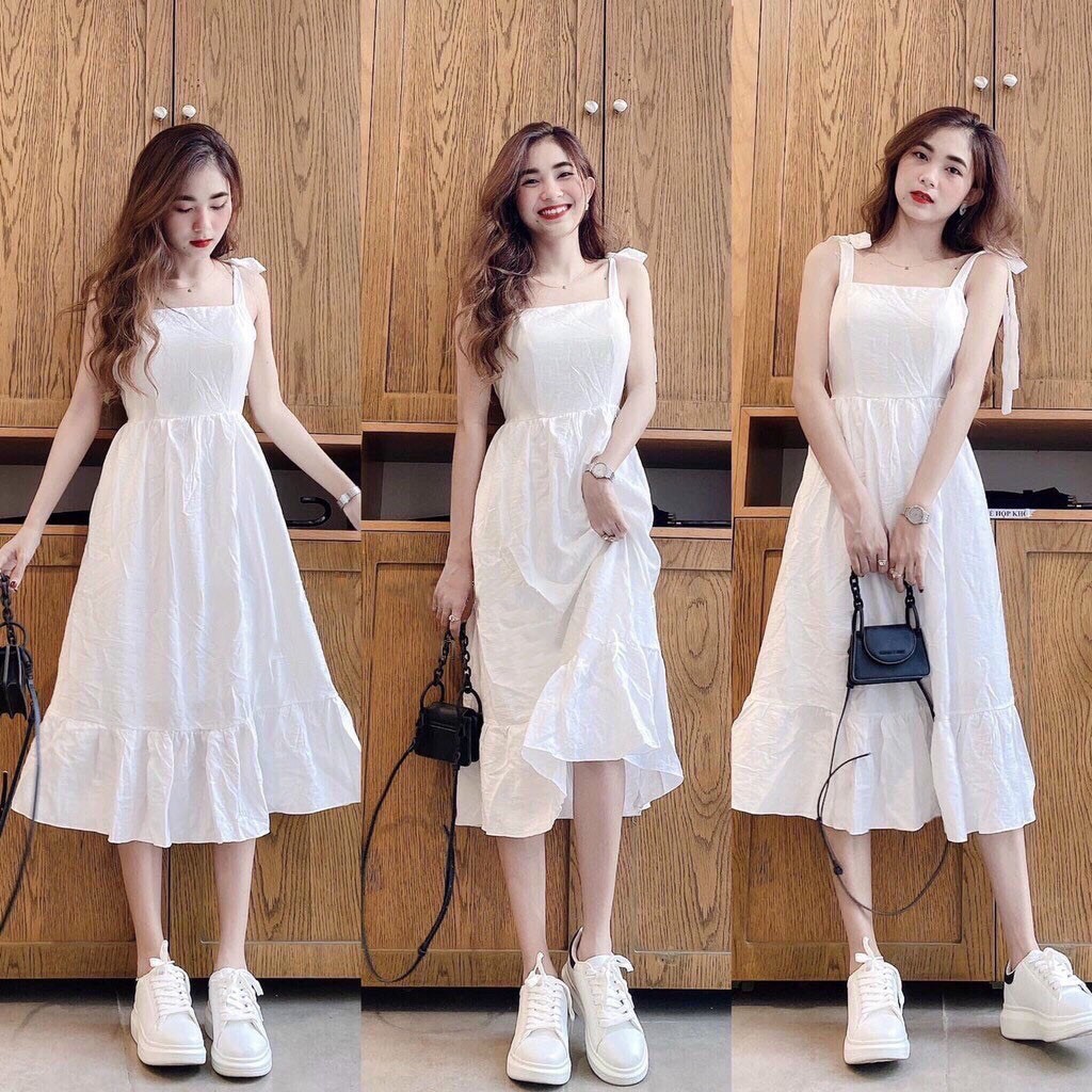 Váy đầm nữ dễ thương dáng dài hai dây màu trắng vãi đũi cao cấp đẹp