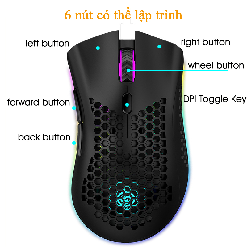 Chuột không dây 2.4G 5 Chuột chơi game có thể lập trình ánh sáng RGB Thiết kế vỏ tổ ong