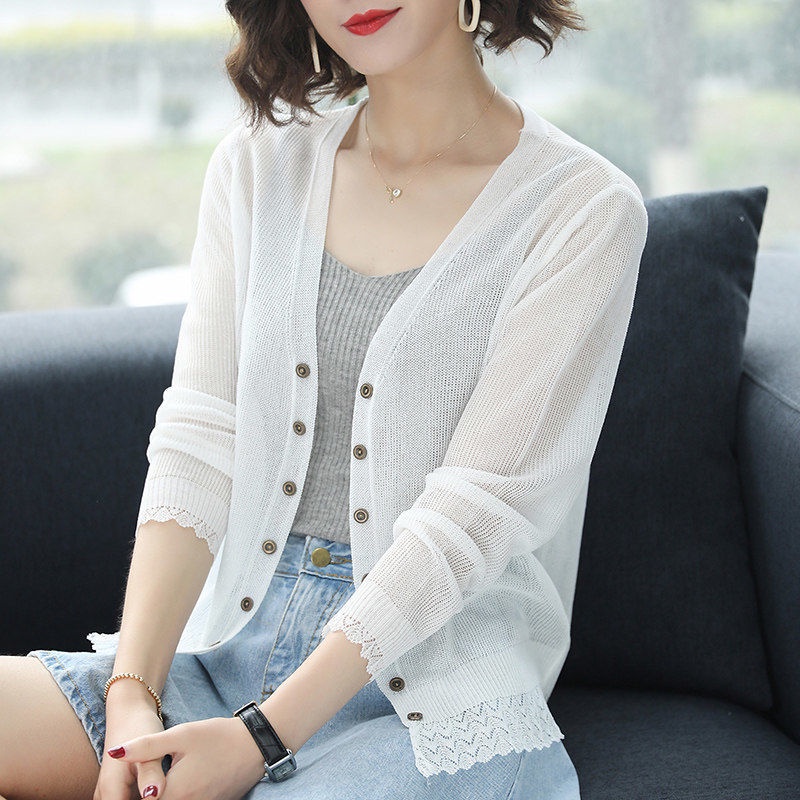 Áo Khoác Cardigan Chống Nắng Dệt Kim Vải Lụa Mát Dáng Ngắn Thiết Kế Lỗ Lưới Thời Trang Mới Cho Nữ