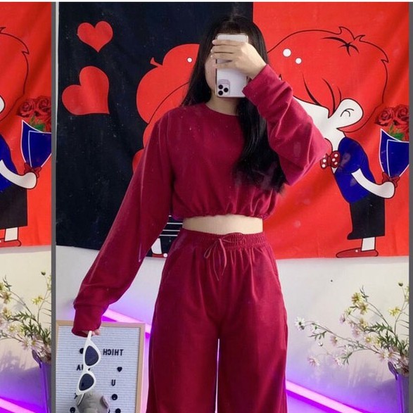 Áo Croptop Rút Dây Trơn Tay Dài Dáng Rộng Ulzzang Màu Đỏ - MM
