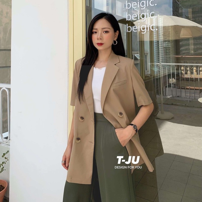 Áo Blazer / Vest cộc tay dáng xuông 4 khuy thiết kế Crystal T-Ju