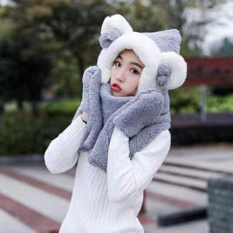 MŨ LÔNG LIỀN KHĂN TAI GẦU CHÙM ĐẦU SIÊU ẤM CHO MÙA ĐÔNG( hàng loại 1)